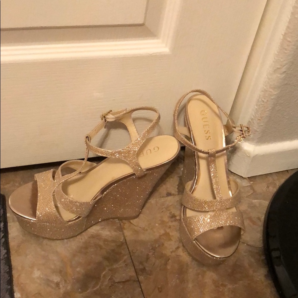 Gold sparkly GUESS platform wedge heels
